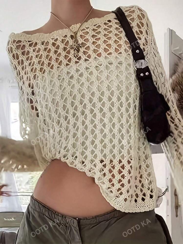 Plus Size Women's Casual Hollow Out Long Sleeve Loose Knit Sweater, Suitable For Vacation, Autumn | SHEIN