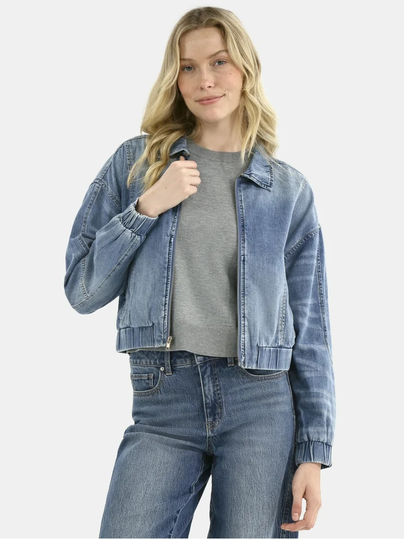 Time and Tru Women's Cotton Denim Bomber Jacket, Sizes XS-XXXL | Walmart (US)