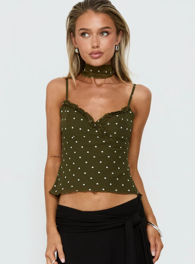 Mishy Scarf Detail Cami Top Olive Polka | Princess Polly US