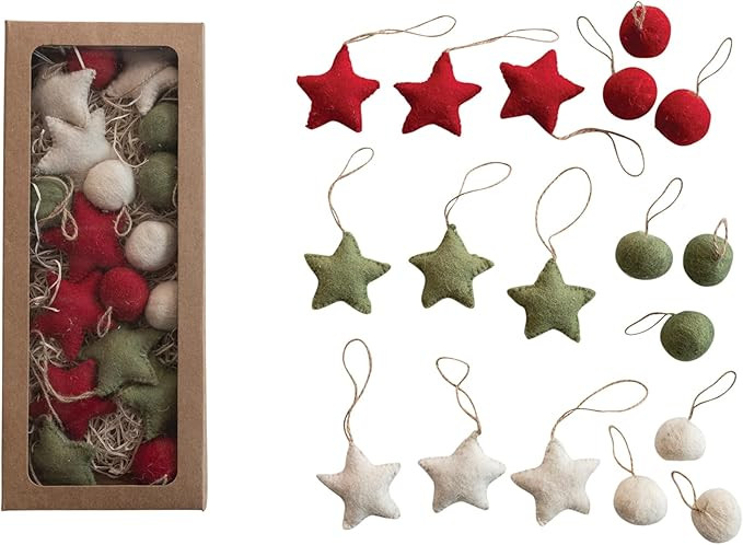Creative Co-Op Handmade Wool Felt Ball and Star Ornaments in Kraft Box, Red, Green and Cream Colo... | Amazon (US)