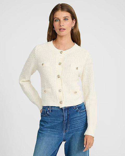 Textured Crew Neck Novelty Button Cardigan | Express