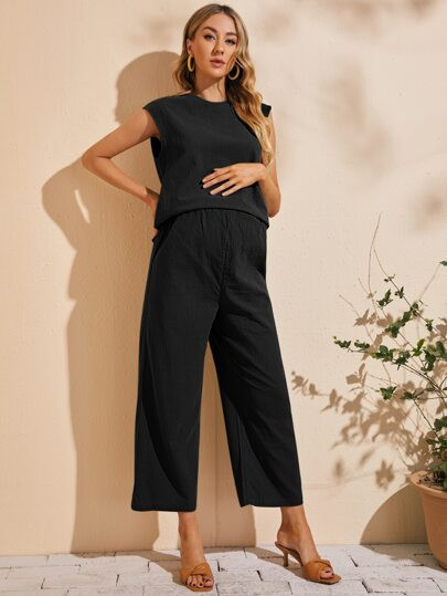 SHEIN Maternity Batwing Sleeve Keyhole Back Top & Wide Leg Pants Set | SHEIN