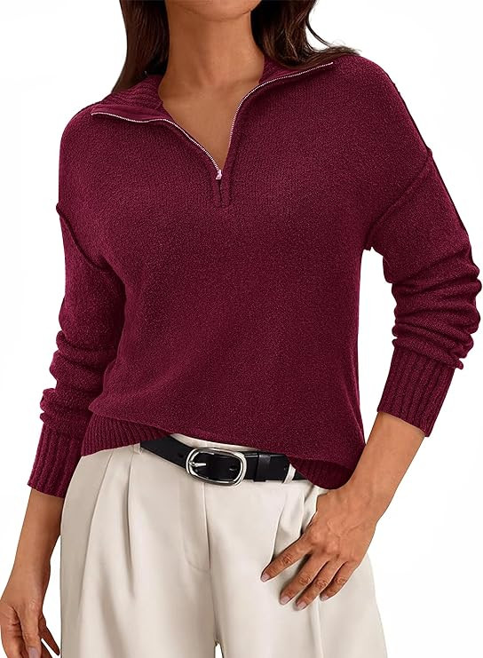PRETTYGARDEN Womens Quarter Zip Pullover V Neck Fall Sweaters 2025 Long Sleeve Tops Collared Swea... | Amazon (US)