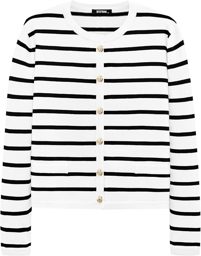 BTFBM Women's Cardigans Sweater 2024 Fall Striped Long Sleeve Button Down Crop Open Front Knit Ou... | Amazon (US)
