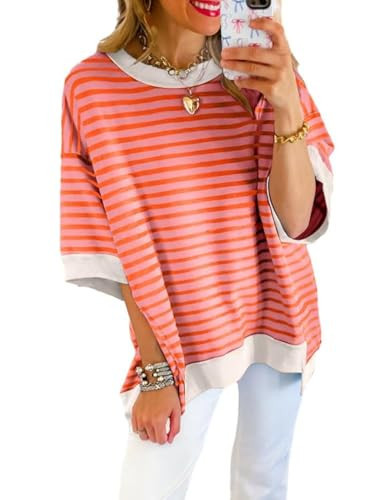 SHEWIN Spring Tops for Women 2026 Short Sleeve Shirts Trendy Loose Crewneck Oversized Tshirts Striped Color Block Cute Top Womens Fashion T Shirt Orange Stripe L | Amazon (US)