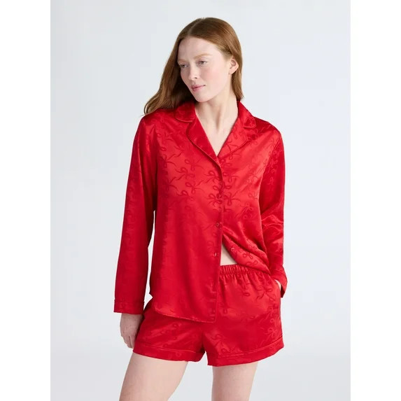 Joyspun Women's Two-Piece Pajama Set, Long-Sleeve Notch Top and Elastic Satin Shorts, Sizes XS-3X | Walmart (US)