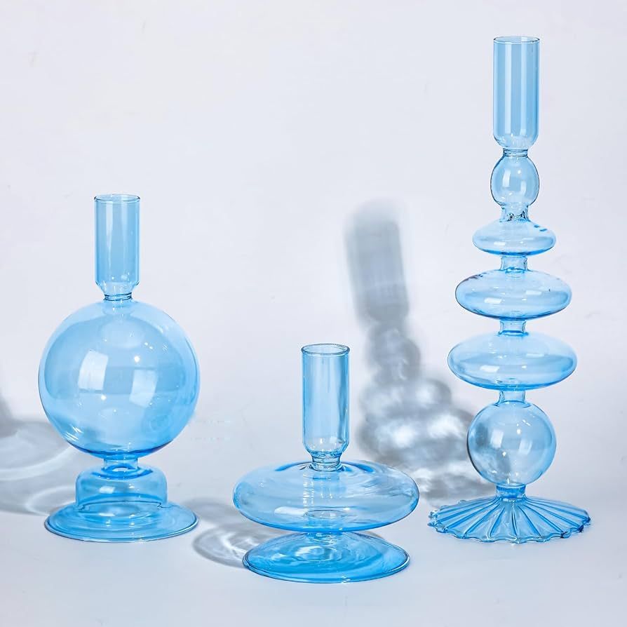 Rtteri 3 Pcs Glass Candlestick Holders Glass Taper Candle Holders Groovy Candlestick Wavy Elegant... | Amazon (US)