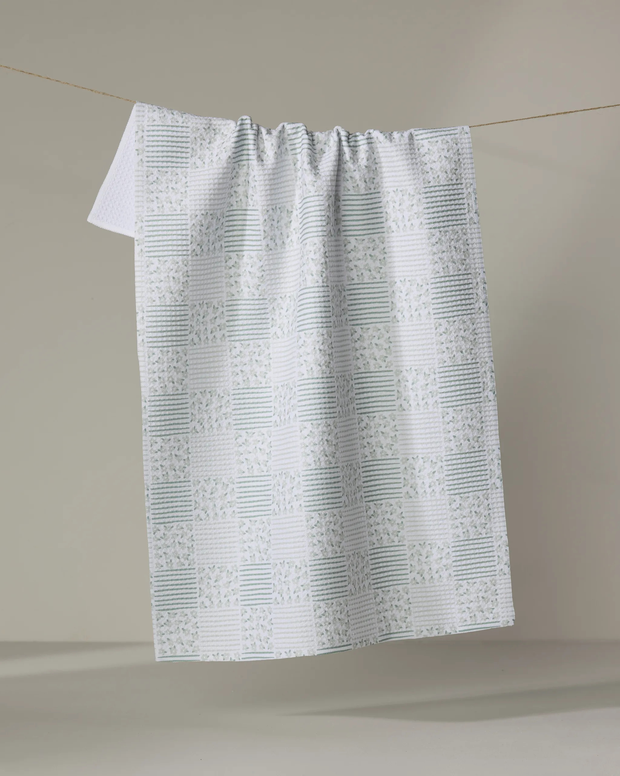 Mini Flowers and Stripes Check Green Tea Towel | Geometry | Geometry