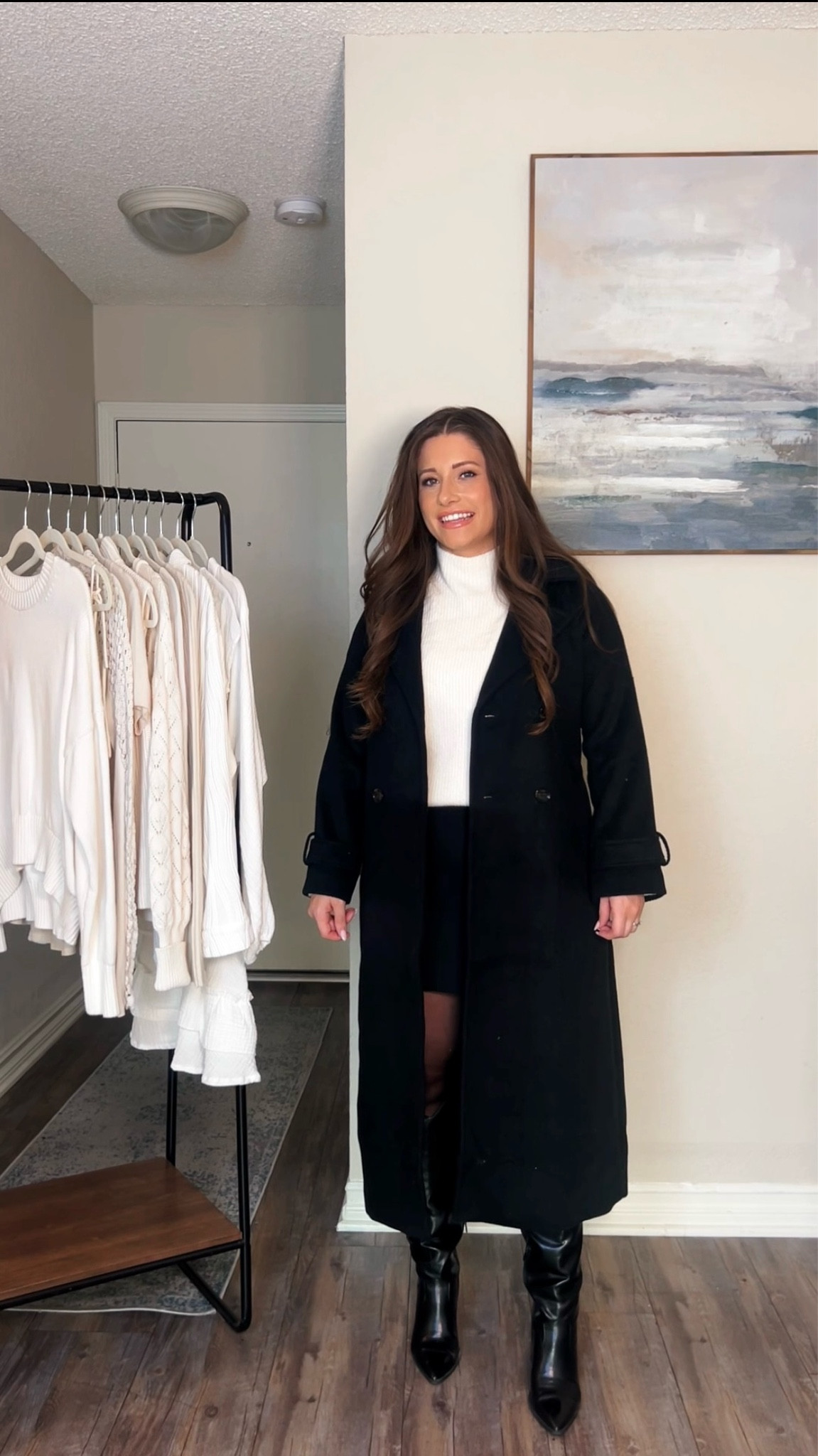 Chic Winter Outfit | wearing size XS wool trench coat | funnel neck sweater size Small | black mini skirt size Small | knee boots fit TTS

#LTKSeasonal #LTKStyleTip #LTKFindsUnder100