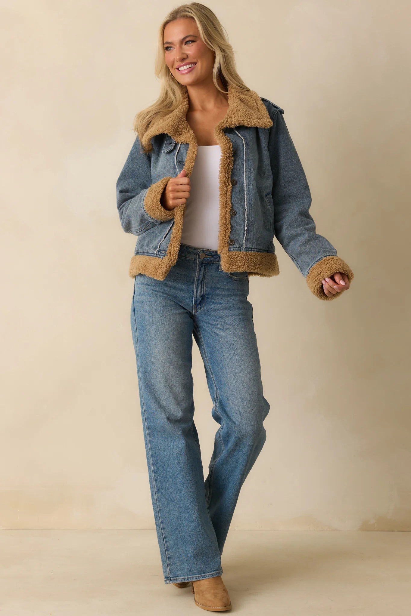 Thread & Supply Medium Wash Cotton Henrietta Denim Jacket | Red Dress