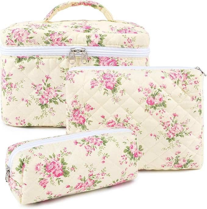 SOIDRAM Large Makeup Bag Quilted Makeup Bags Set Cute Cosmetic Bag for Women Girls Floral Coquett... | Amazon (US)