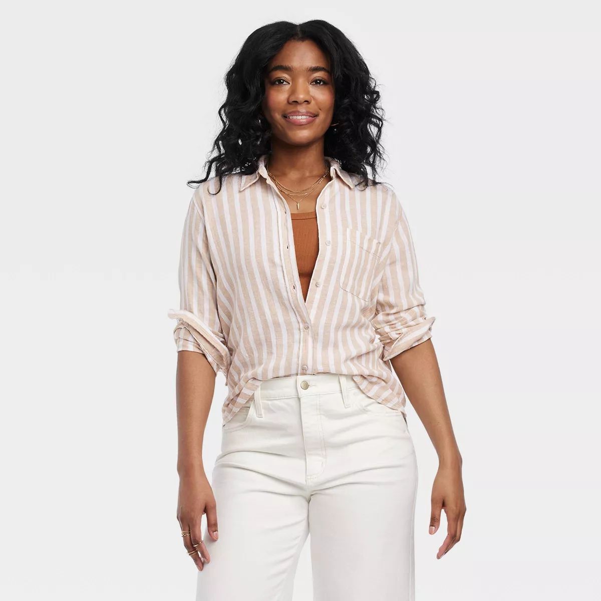 Women's Linen Long Sleeve Collared Button-Down Shirt - Universal Thread™ Tan Striped XL | Target