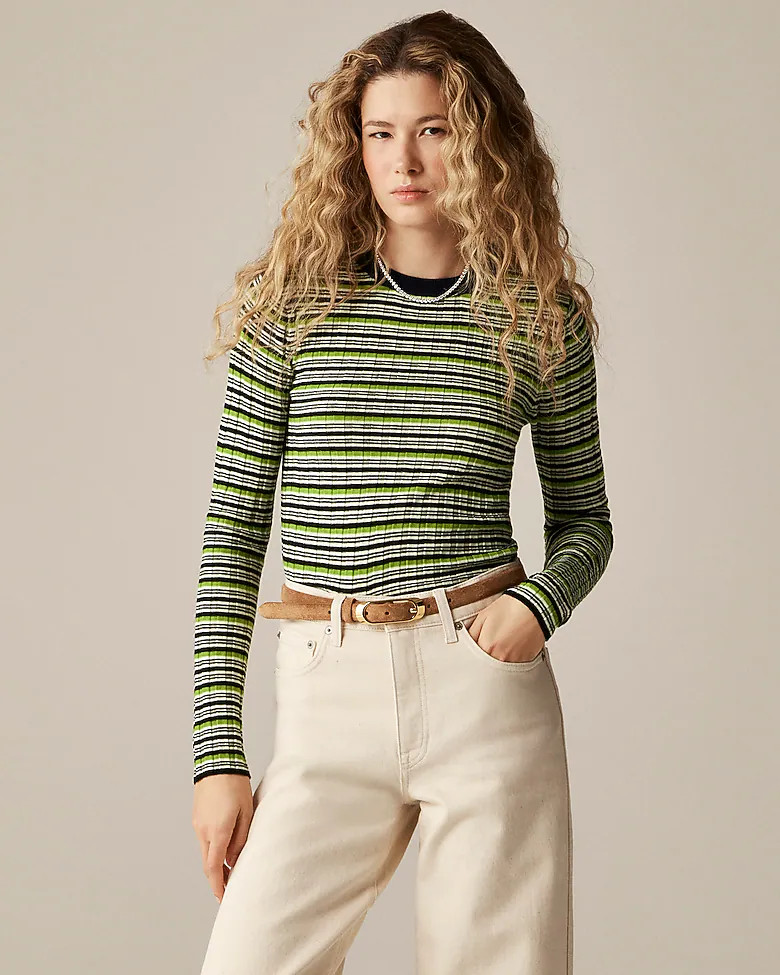 Wide-rib Carolyn crewneck sweater in striped merino wool | J. Crew US