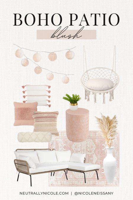 Blush pink boho patio decor style

// #ltkhome #ltkseasonal #ltkfind #ltkstyletip #ltkunder50 #ltkunder100 home decor, patio decor, backyard decor, patio furniture, backyard furniture, outdoor decor, outdoor furniture, outdoor rug, area rug, patio rug, boho rug, throw pillows, string lights, pampas grass, crochet swing chair, patio sofa, outdoor couch, side table, accent table, neutrals, neutral style, white, cream, acacia wood, minimalist, Walmart, Target, World Market, Home Depot, Wayfair, Urban Outfitters, Amazon