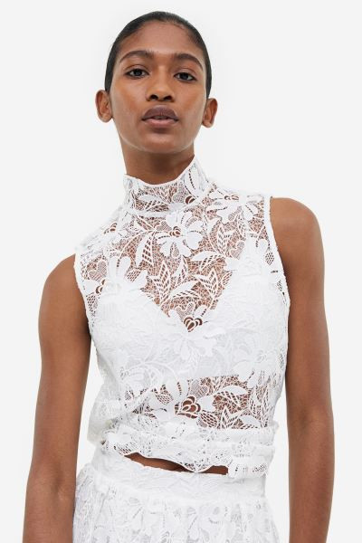 A-line Lace Skirt - High waist - Midi - White - Ladies | H&M US | H&M (US + CA)
