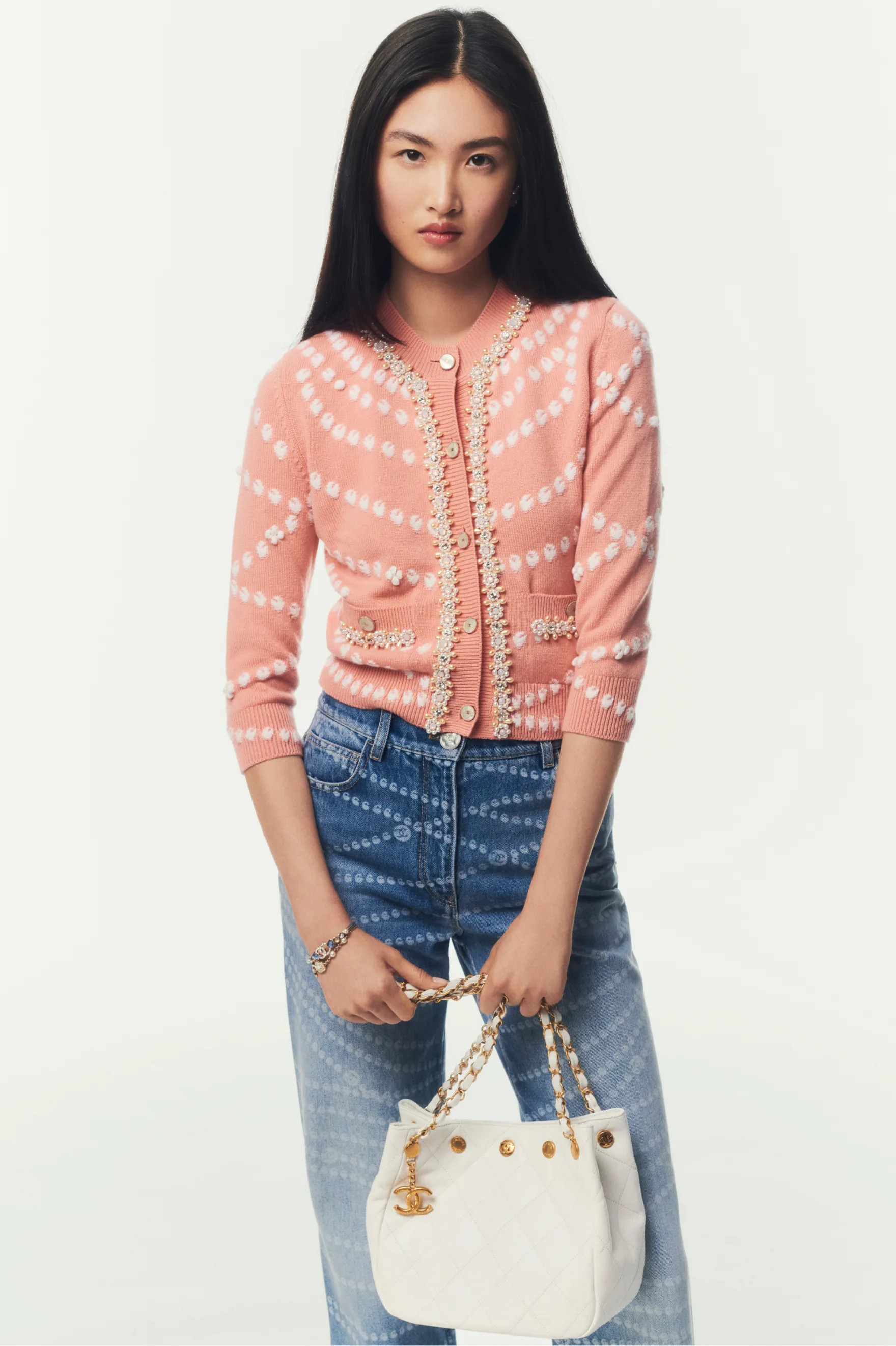 Cardigan - Embroidered cashmere with imitation pearls, light orange & white — Fashion | CHANEL | Chanel, Inc. (US)