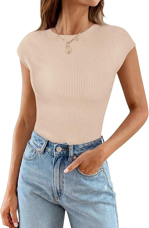 TECREW Women's 2024 Summer Cap Sleeve Crew Neck T Shirts Slim Fitted Rib Knit Casual Tee Tops | Amazon (US)