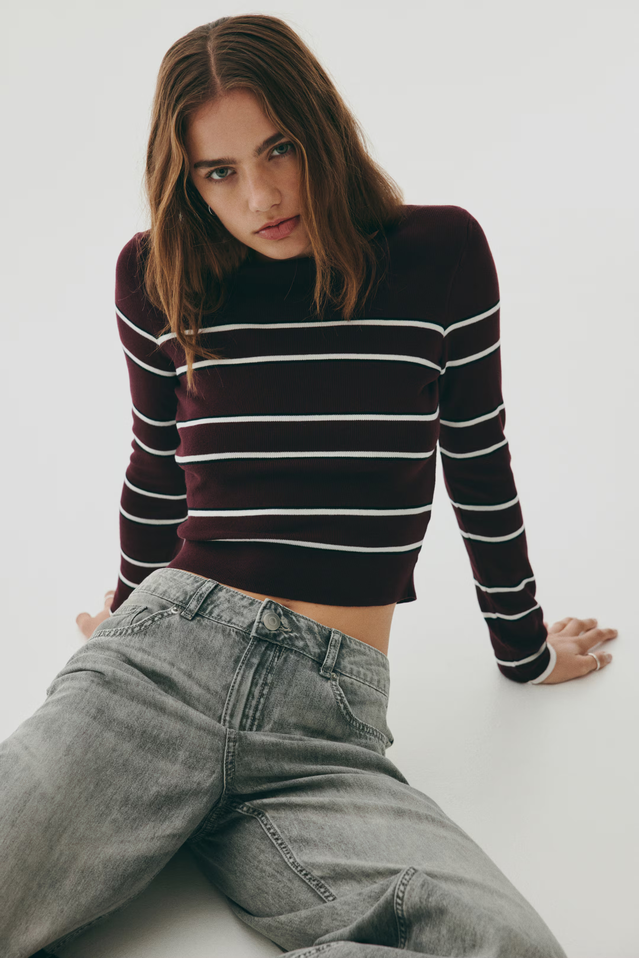 Long-sleeved jumper - Burgundy/White striped - Ladies | H&M GB | H&M (UK, MY, IN, SG, PH, TW, HK)