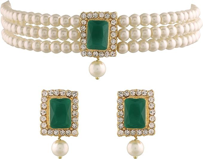 I Jewels 18K Gold Plated Indian Wedding Handcrafted Beaded Emerald Choker with Earrings for Women... | Amazon (US)