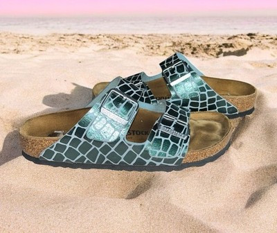 Birkenstock Arizona Gator Gleam Green Silver Metallic Sandals Women's US 9 EU 40 | eBay US