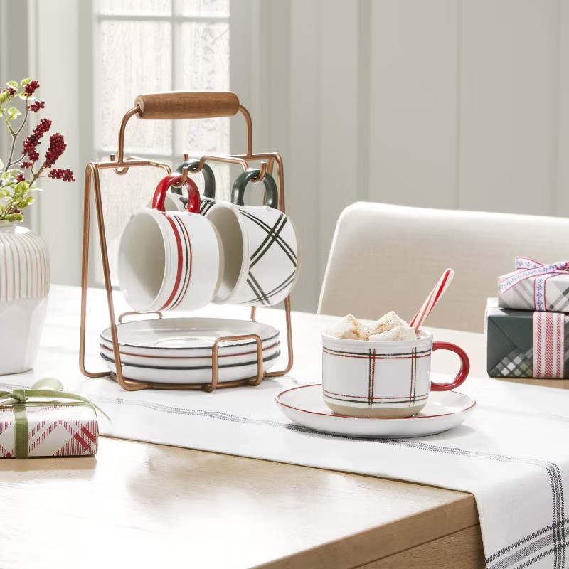 9pc Christmas Plaid Stripes Stoneware Mug & Saucer Caddy Set Red/Green/Cream - Hearth & Hand™ w... | Target
