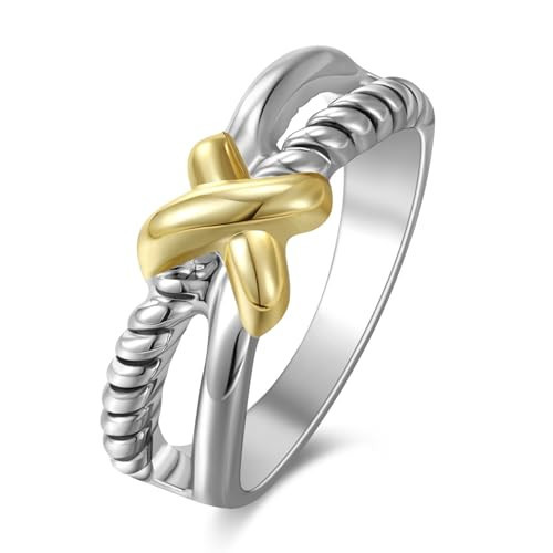 ORATIGOR Gold and Silver Rings Cable Cross - Two Tone Ring Vintage Intertwined - Silver Statement Rings Cocktail Jewelry for Women Cross Rize 6 | Amazon (US)
