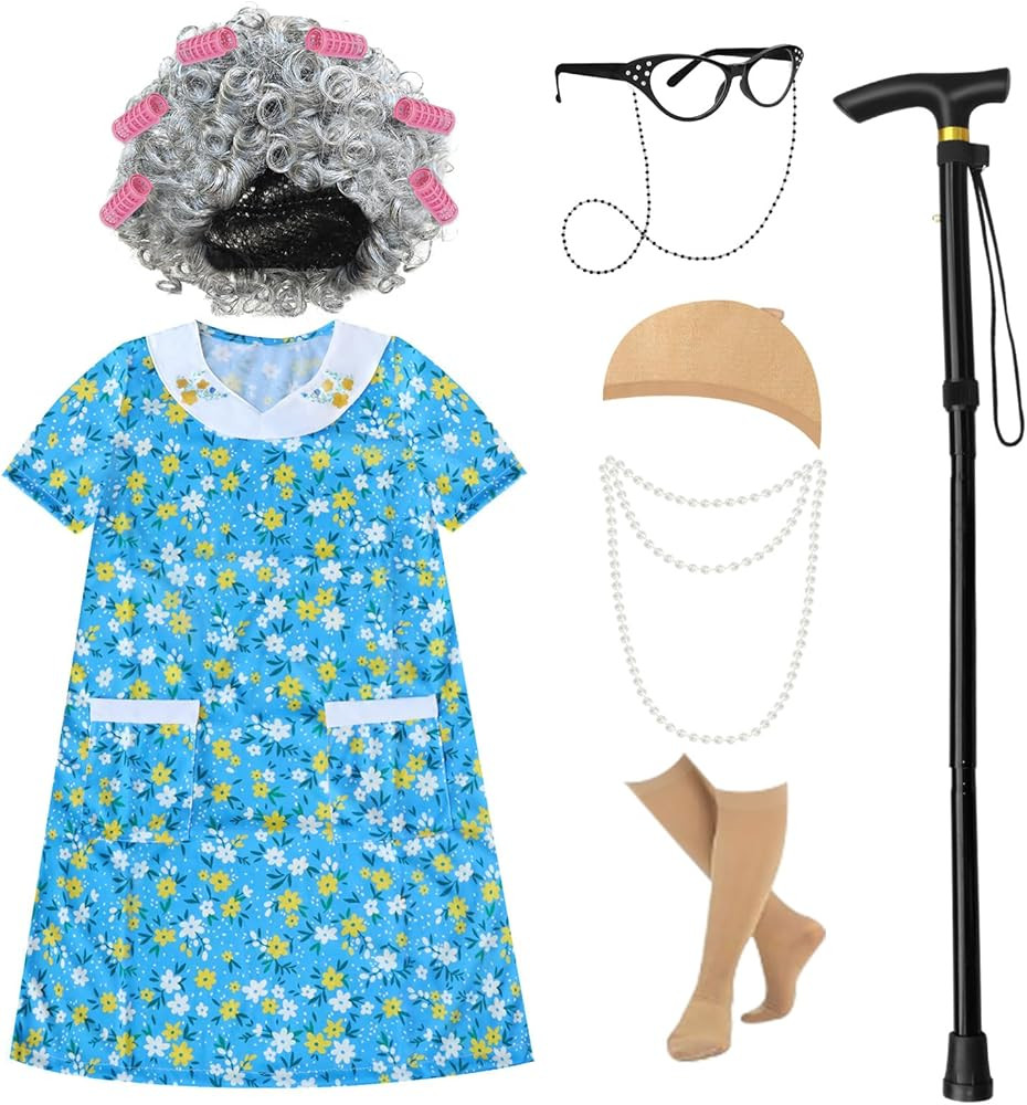 100 Days of School Old Lady Costume for Kids - Grandma Costume Set with White Wig, Glasses, Cane,... | Amazon (US)
