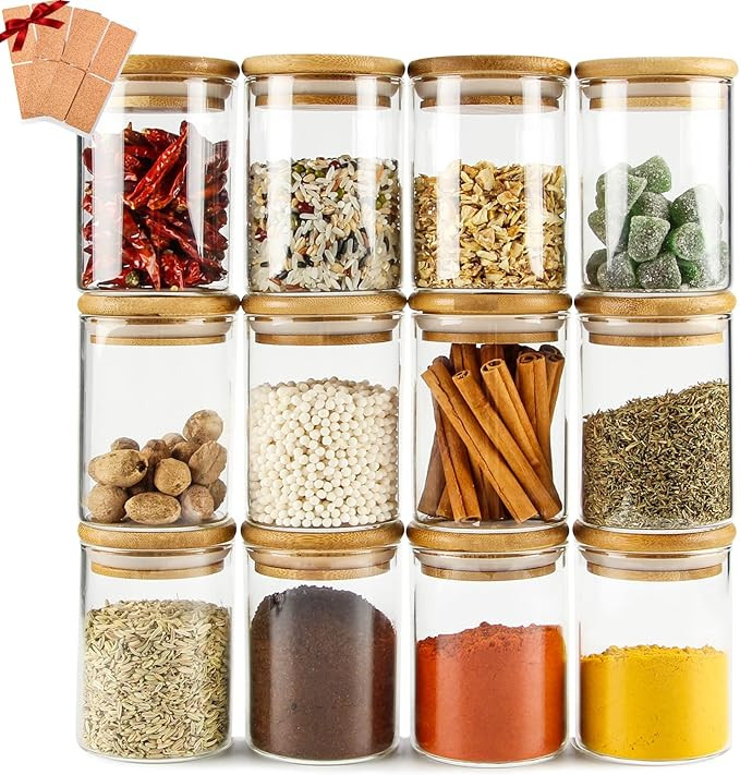 Glass Jars Set of 12, Chrider Spice Glass Jars with Bamboo Wooden Airtight Lids and Labels, Food ... | Amazon (US)