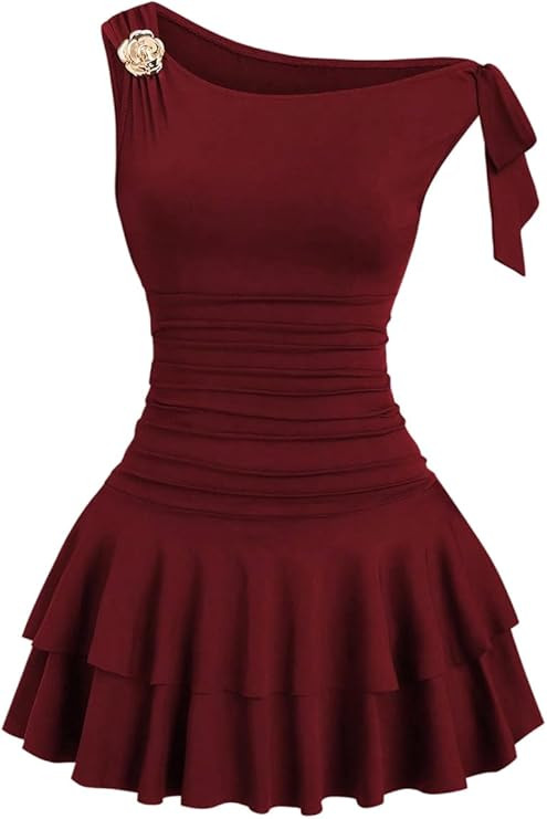 Floerns Women's Mini Dress Off The Shoulder Metal Floral Sleeveless Layered Hem Going Out Dresses | Amazon (US)