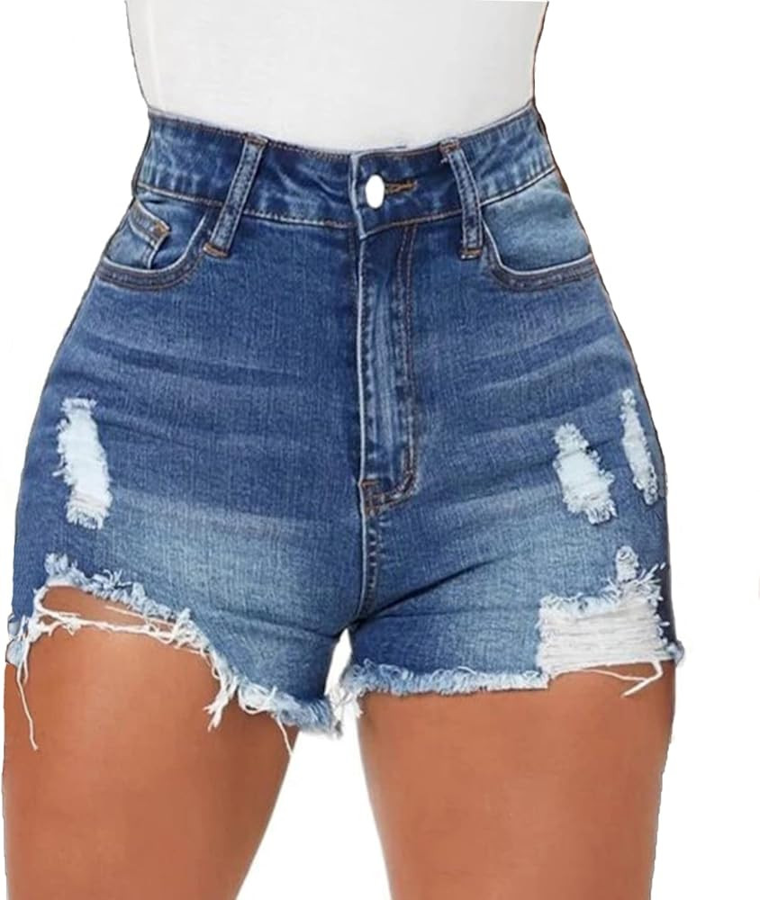 Women High Waisted Skinny Stretchy Denim Shorts Casual Summer Frayed Raw Hem Distressed Ripped Sh... | Amazon (US)
