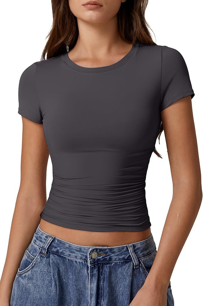 QINSEN Short Sleeve Shirts for Women Round Neck Basic Double Lined Tees Fitted Y2k Crop Tops | Amazon (US)