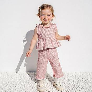 GOOCHEER Toddler Girl Clothes Baby Summer Outfits Plaid Ruffle Sleeveless Vest Tank Tops Pants Se... | Amazon (US)