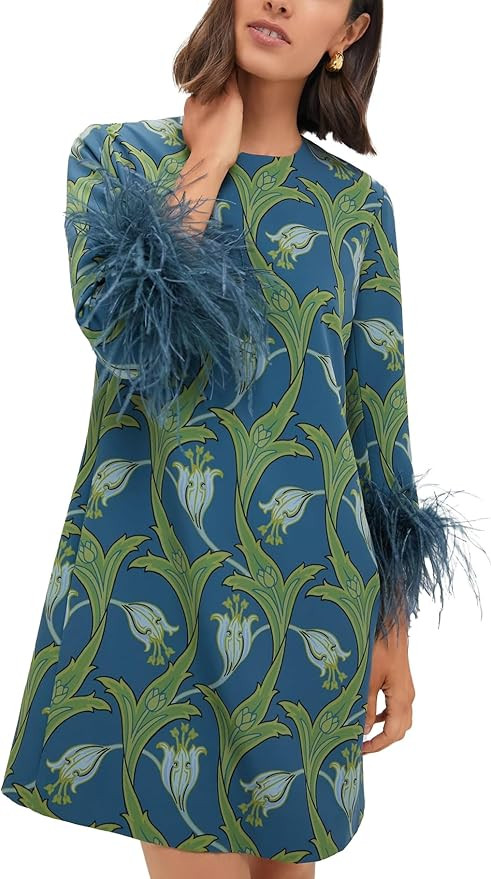 D-Sun Women 3/4 Sleeves Feather Party Dress Round Neck Casual Feather Elegant Wedding Guest Cockt... | Amazon (US)