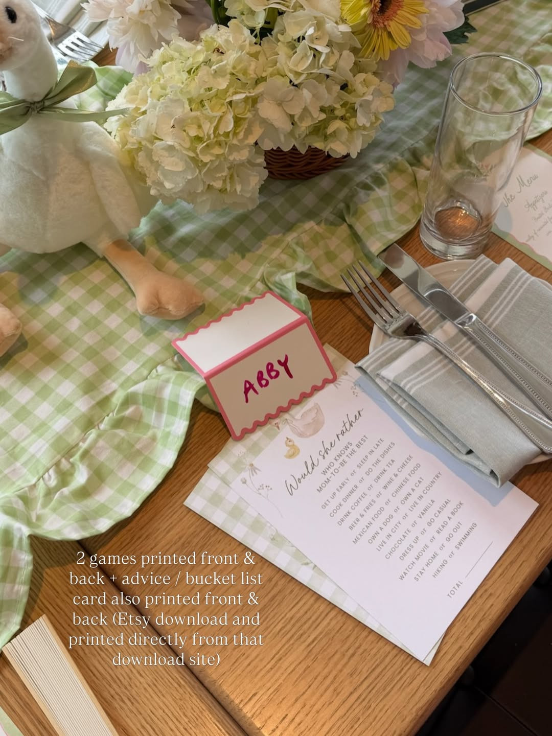 [6/23/26] Loved adding little interactive details to each place setting — the games and advice cards made the table feel extra thoughtful, and printing them from an Etsy download was such an easy touch for the shower! 

 #LTKmomlife #LTKHome #LTKBaby