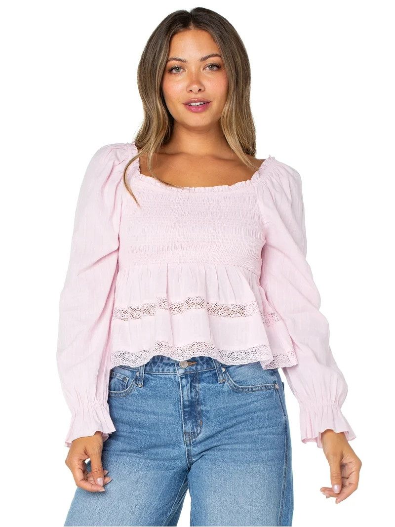 Celebrity Pink Women's Smocked Ruffle Long Sleeve Top, Sizes XS-XXXL | Walmart (US)