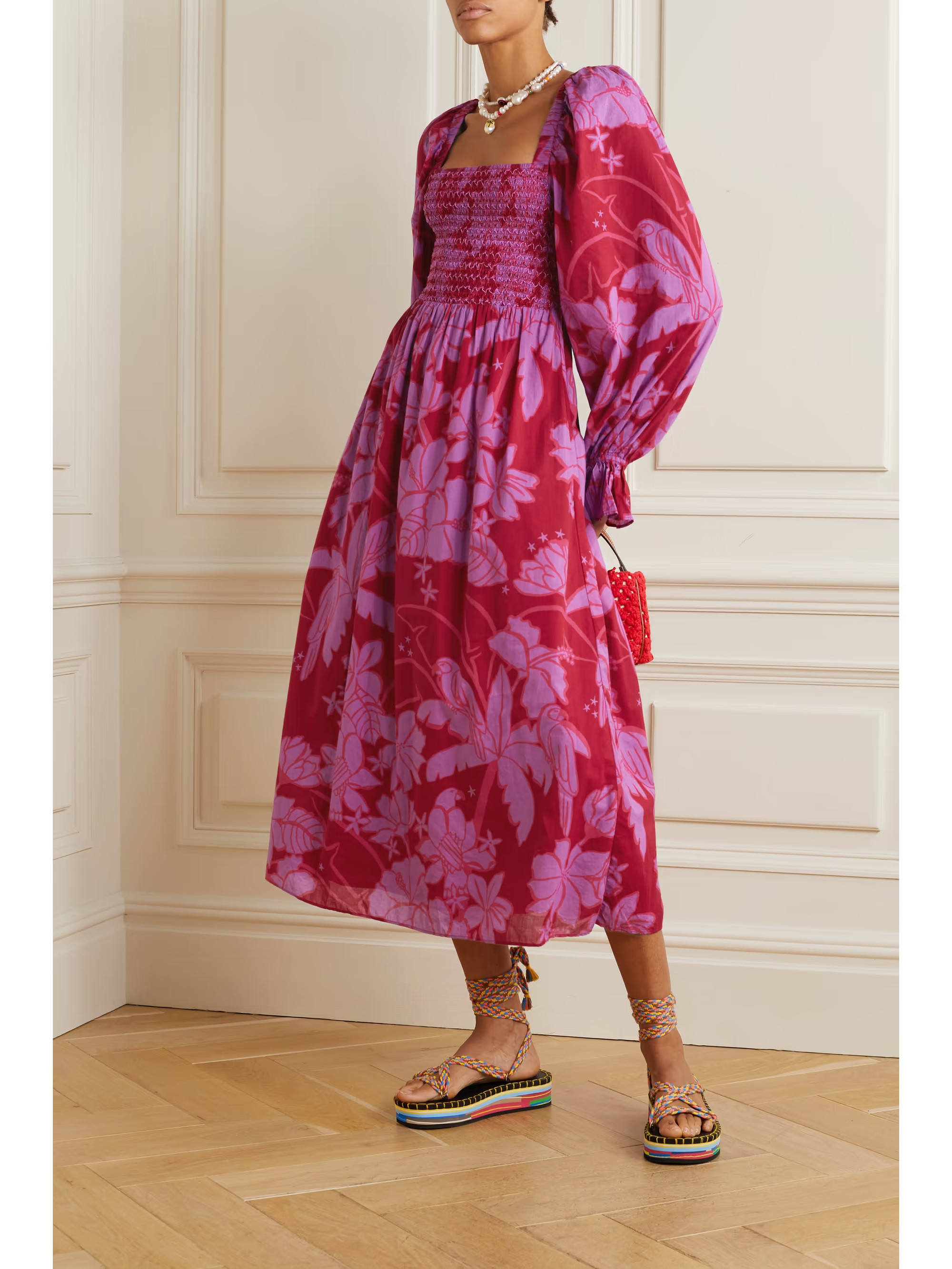 Shirred floral-print cotton-voile midi dress | NET-A-PORTER (US)