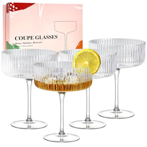 4 Pcs Coupe Glasses, Hand Blown 10 oz Cocktail Glasses, Ribbed Martini Glasses, Gift Boxed Drinking Glasses Set Pefect for Espresso Martini, Manhattan, Cocktail, Wine, Champagne | Amazon (US)
