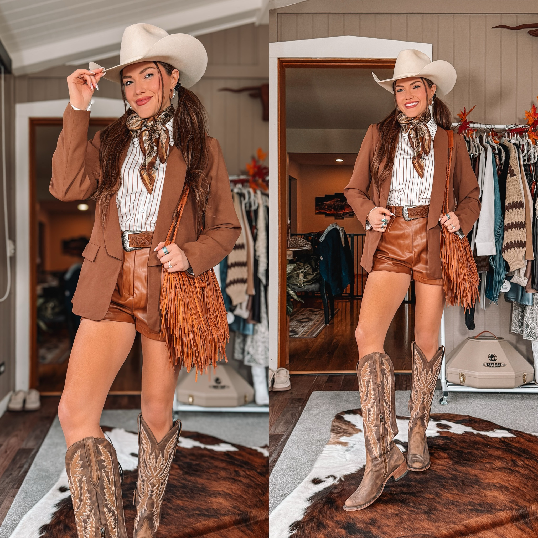 Western chic fit! Outfit idea for the NFR or country concert! Could also swap the shorts for pants and wear to work!

Gigi pip hats: “CARABF20” for Black Friday sale or “CARAK15” any other time for discounts!
Lane Boots: “TXCARA” for discount!

#LTKParties #LTKSeasonal #LTKWorkwear