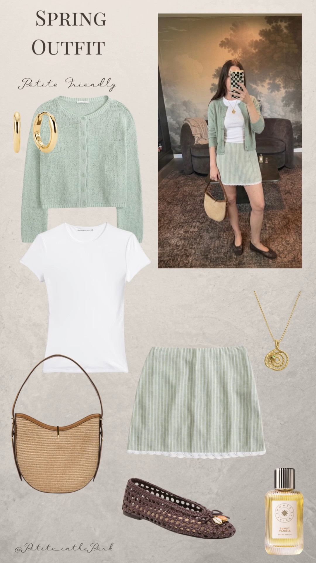 Spring petite outfit  

Spring outfit, spring trends, casual spring outfit, petite spring outfit, spring fashion, spring style, petite style, petite spring style, casual petite outfit, green cardigan, white top, high waisted skirt , linen skirt, flats , brown flats,  shoulder bag, rattan bag, tan bag, tan purse, gold earrings, gold hoop earrings, gold necklace, minimal jewelry  #casualoutfit #petiteoutifts #springoutfits #springoutfit2026 #springtrends  