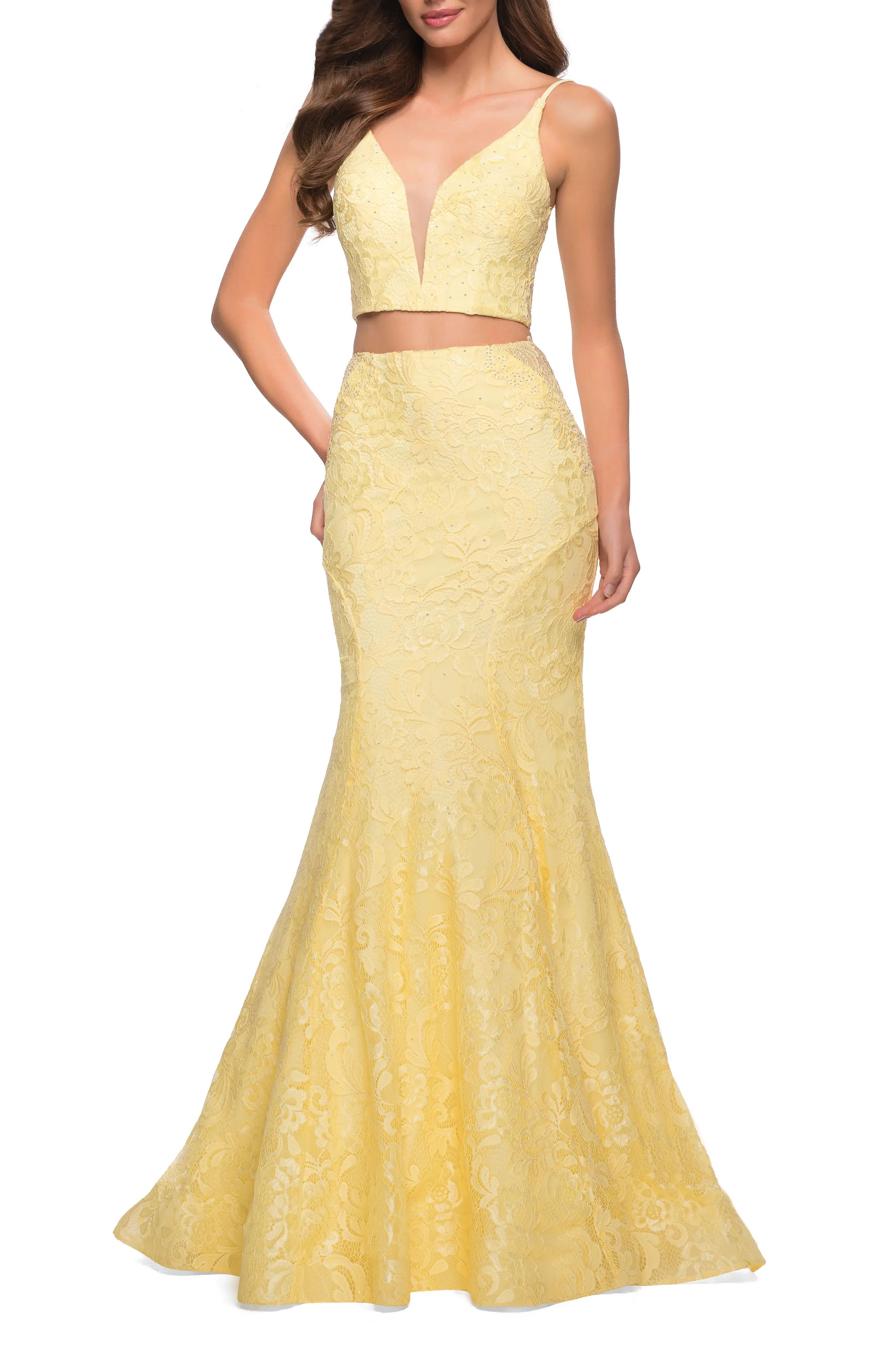 La Femme Stretch Lace Two-Piece Mermaid Gown in Pale Yellow at Nordstrom, Size 6 | Nordstrom