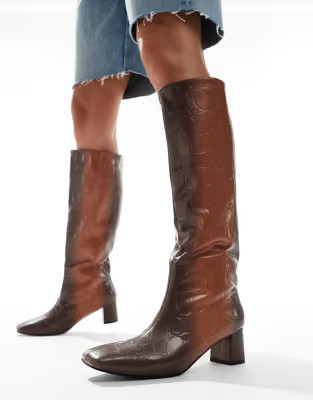 Public Desire Tamira block heel knee boots in brown ombre croc | ASOS | ASOS (Global)
