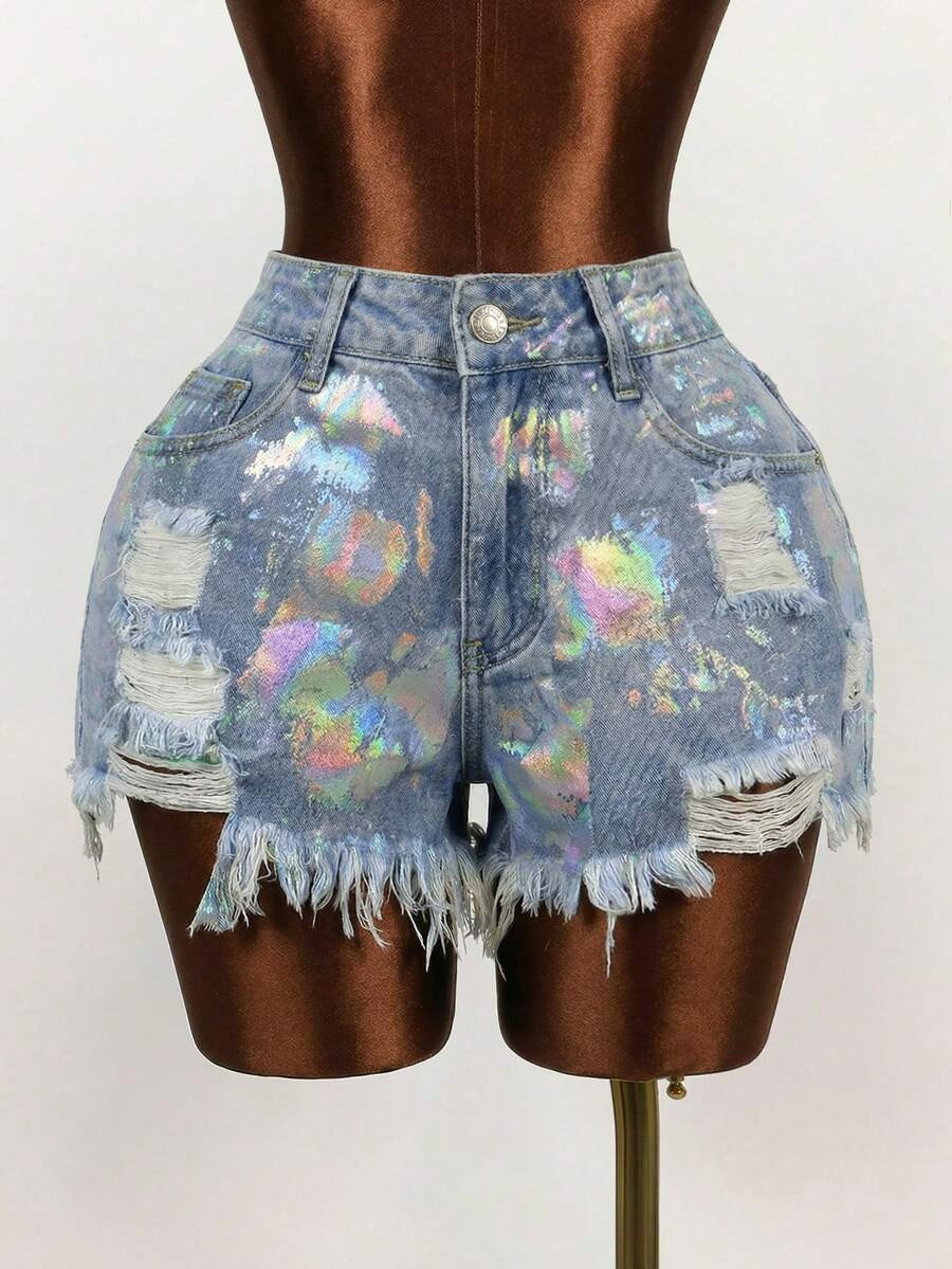 Slaydiva Plus Size Women's Pocket Button Distressed Design Frayed Hem Casual Versatile Daily Outi... | SHEIN
