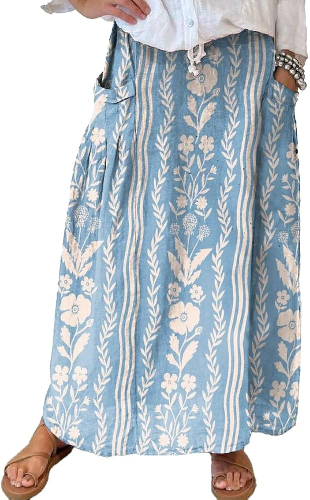 chouyatou Women's Vertical Striped High Waist Maxi Skirt Vintage Floral Cotton Long Skirt with Po... | Amazon (US)