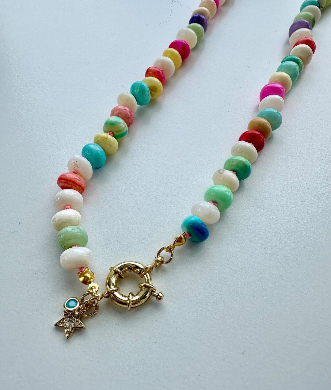 Multi Color Rainbow Opal Knotted Necklace on Pink Silk With Star and Turquoise Charm - Etsy | Etsy (US)