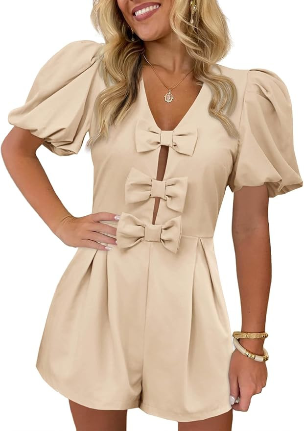 Cicy Bell Womens Cute Rompers Bow Front Puff Sleeve V Neck Short Jumpsuits Sexy Summer Outfits wi... | Amazon (US)