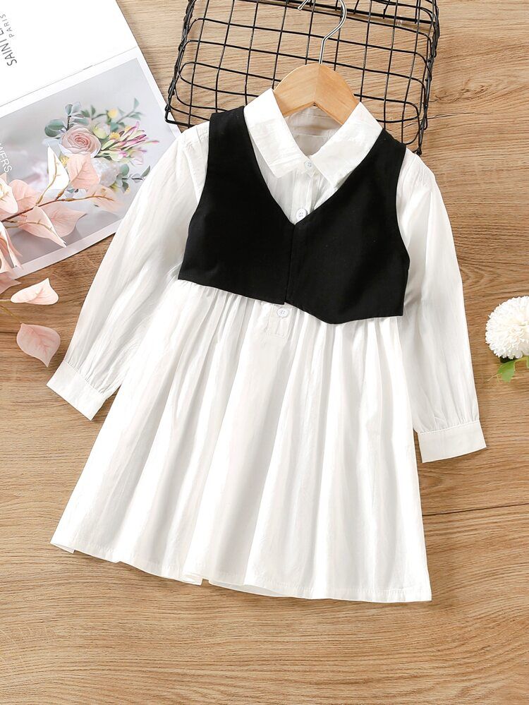 Toddler Girls Solid Shirt Dress & Waistcoat | SHEIN