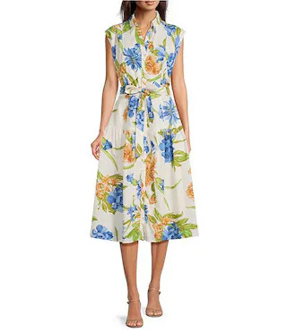 Floral Poplin Point Collar Cap Sleeve Belted Midi Shirt Dress | Dillard's