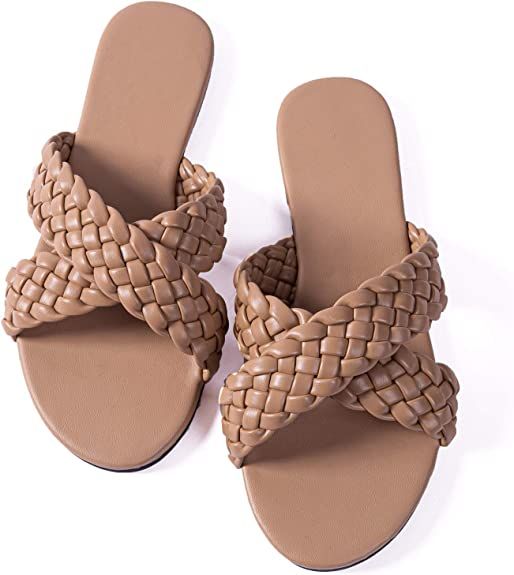 Women Flat Sadals Woven Leather Crossover Braided Fashion Sandals Flat Dressy Flip-Flops | Amazon (US)