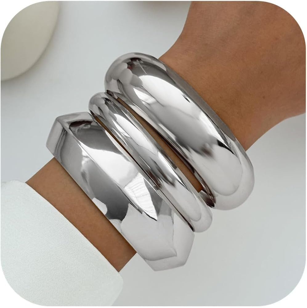 Chunky Gold Bangle Bracelets for Women Stack Wide Wrist Silver Cuff Bracelet Fashion Statement Je... | Amazon (US)