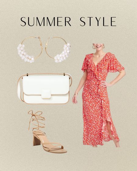 Summer style! Get this entire look from Target. 

Target style, A New Day outfit, white purse, strappy heels, floral dress, pearl gold earrings 